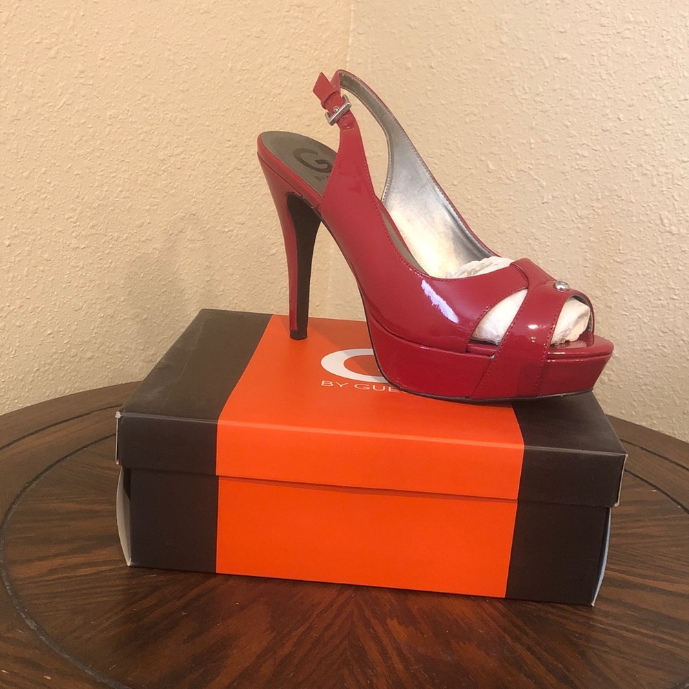 G by Guess Glossy Red Peep-Toe Heels